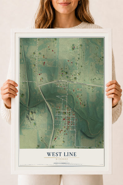 Map of West Line, Missouri, 18 x 24 inch print in a white wood frame