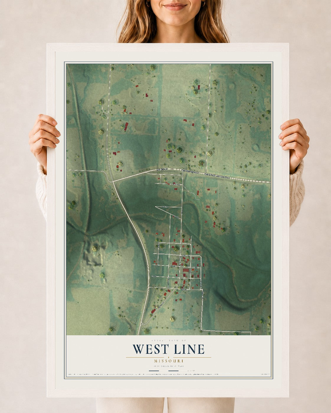 Map of West Line, Missouri, 24 x 36 inch print in a white wood frame
