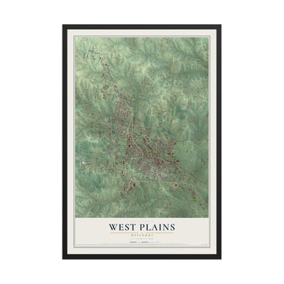 Map of West Plains, Missouri, 12 x 18 inch print in a black wood frame