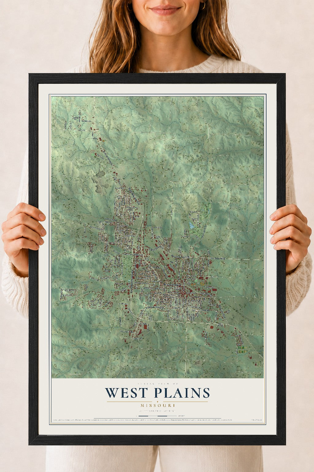 Map of West Plains, Missouri, 18 x 24 inch print in a black wood frame