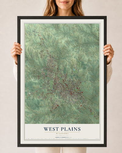 Map of West Plains, Missouri, 24 x 36 inch print in a black wood frame