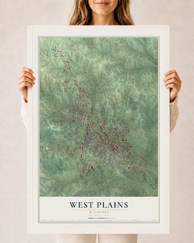 Map of West Plains, Missouri, 24 x 36 inch print in a white wood frame