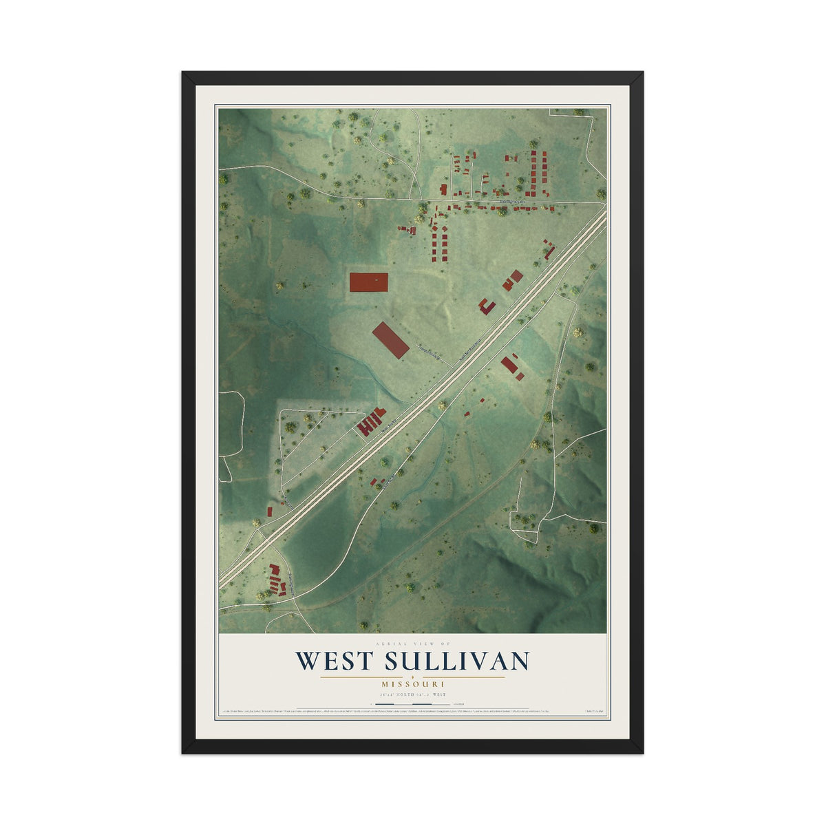Map of West Sullivan, Missouri, 12 x 18 inch print in a black wood frame