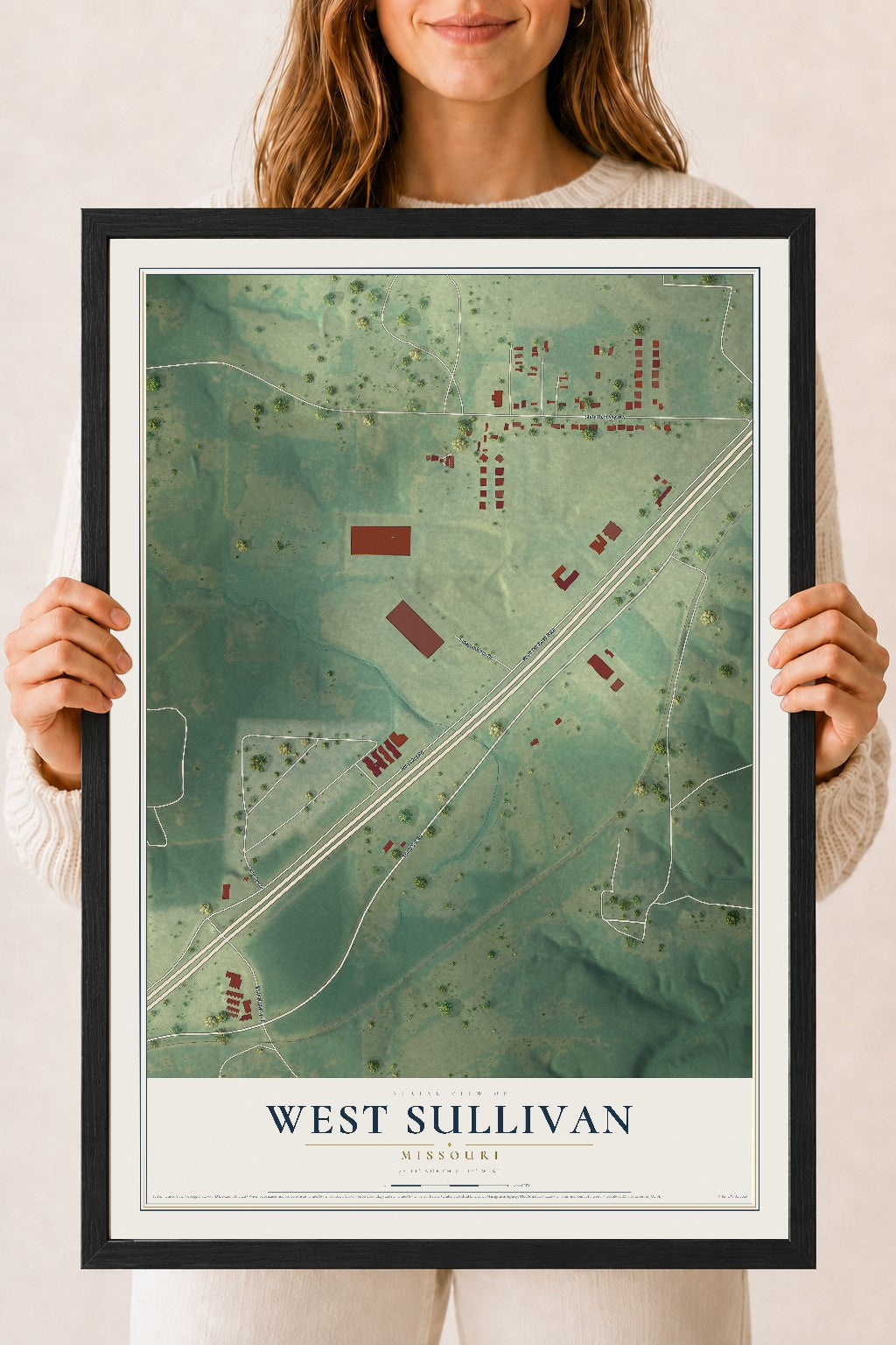 Map of West Sullivan, Missouri, 18 x 24 inch print in a black wood frame