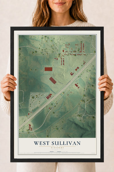 Map of West Sullivan, Missouri, 18 x 24 inch print in a black wood frame