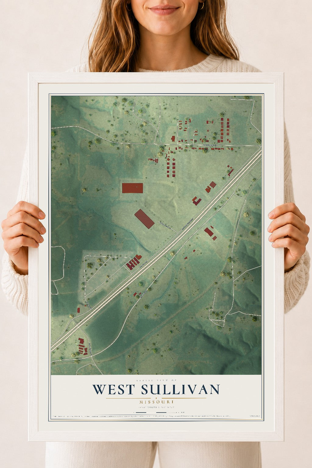 Map of West Sullivan, Missouri, 18 x 24 inch print in a white wood frame