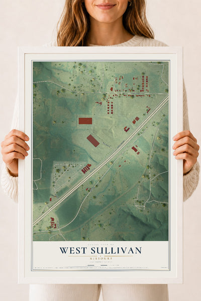 Map of West Sullivan, Missouri, 18 x 24 inch print in a white wood frame