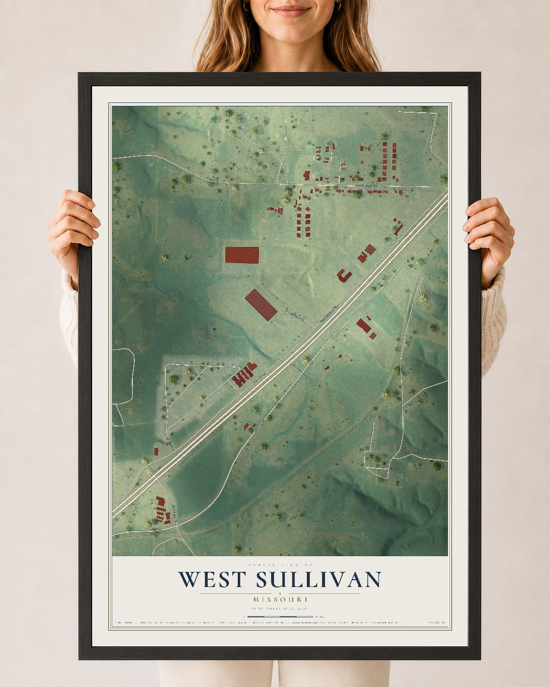 Map of West Sullivan, Missouri, 24 x 36 inch print in a black wood frame