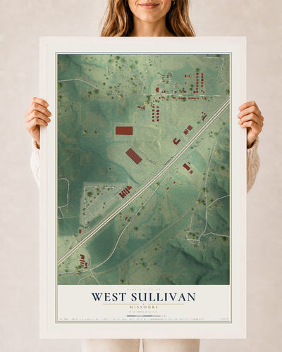Map of West Sullivan, Missouri, 24 x 36 inch print in a white wood frame