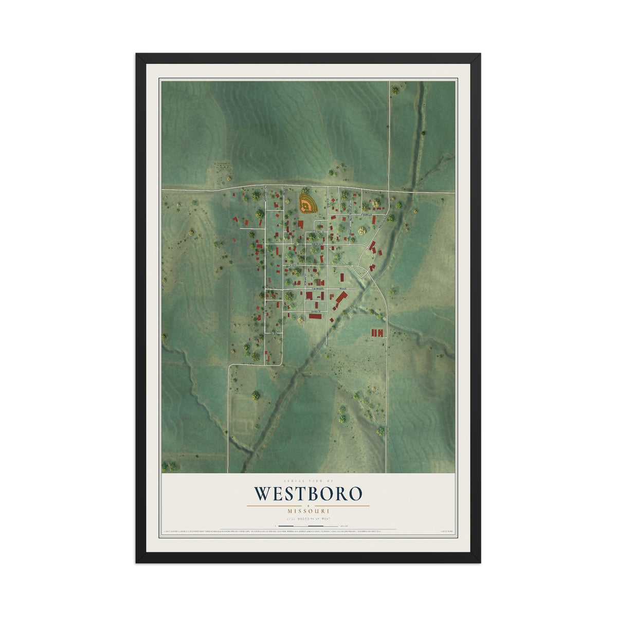 Map of Westboro, Missouri, 12 x 18 inch print in a black wood frame