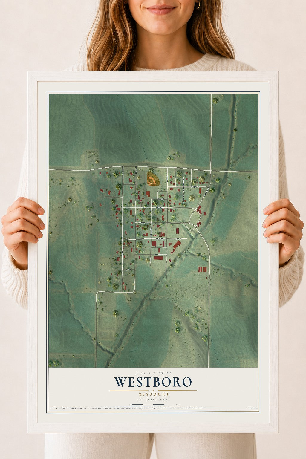 Map of Westboro, Missouri, 18 x 24 inch print in a white wood frame