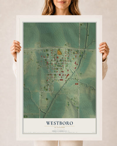 Map of Westboro, Missouri, 24 x 36 inch print in a white wood frame