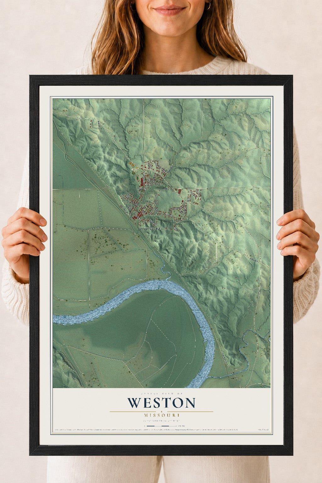 Map of Weston, Missouri, 18 x 24 inch print in a black wood frame