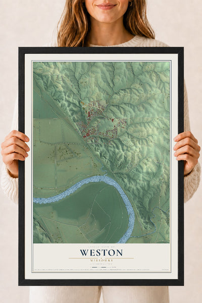 Map of Weston, Missouri, 18 x 24 inch print in a black wood frame