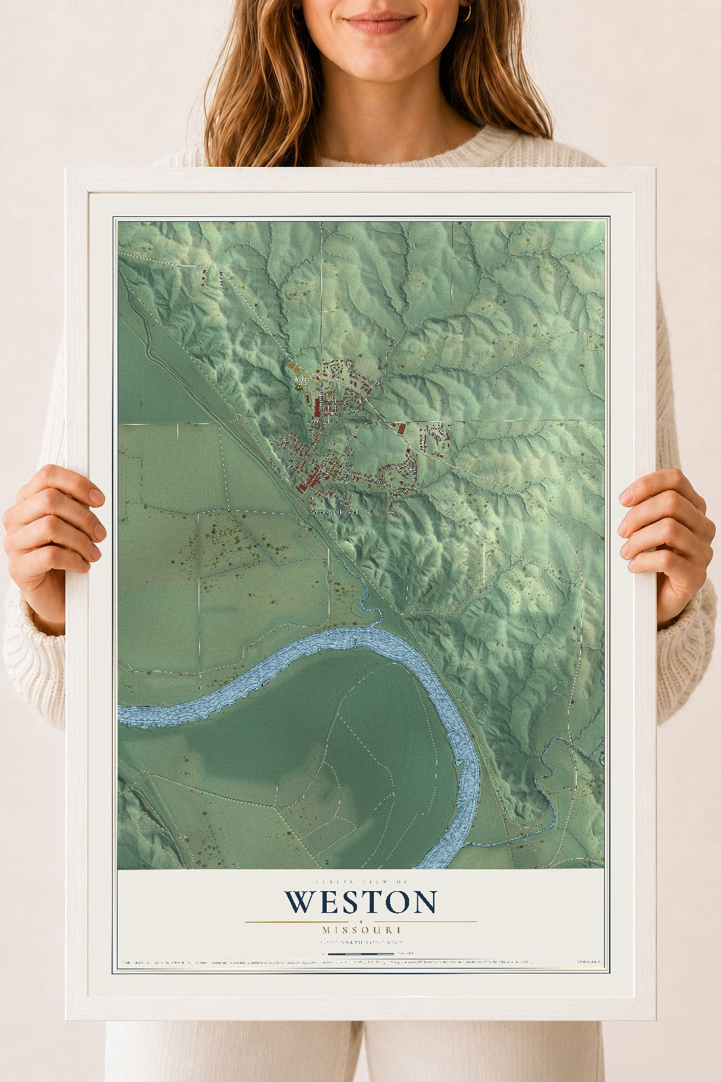 Map of Weston, Missouri, 18 x 24 inch print in a white wood frame