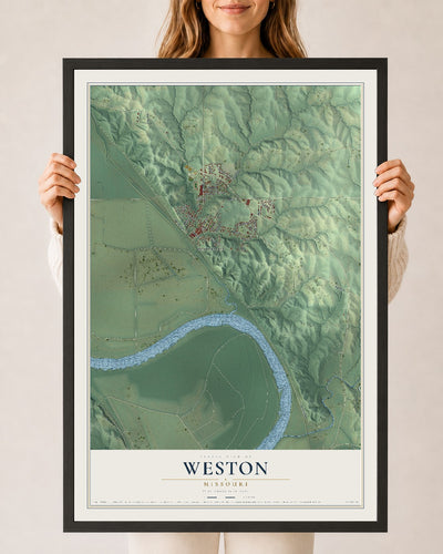 Map of Weston, Missouri, 24 x 36 inch print in a black wood frame