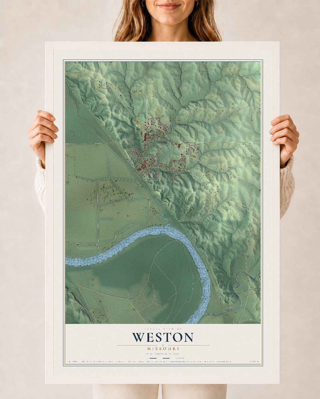 Map of Weston, Missouri, 24 x 36 inch print in a white wood frame