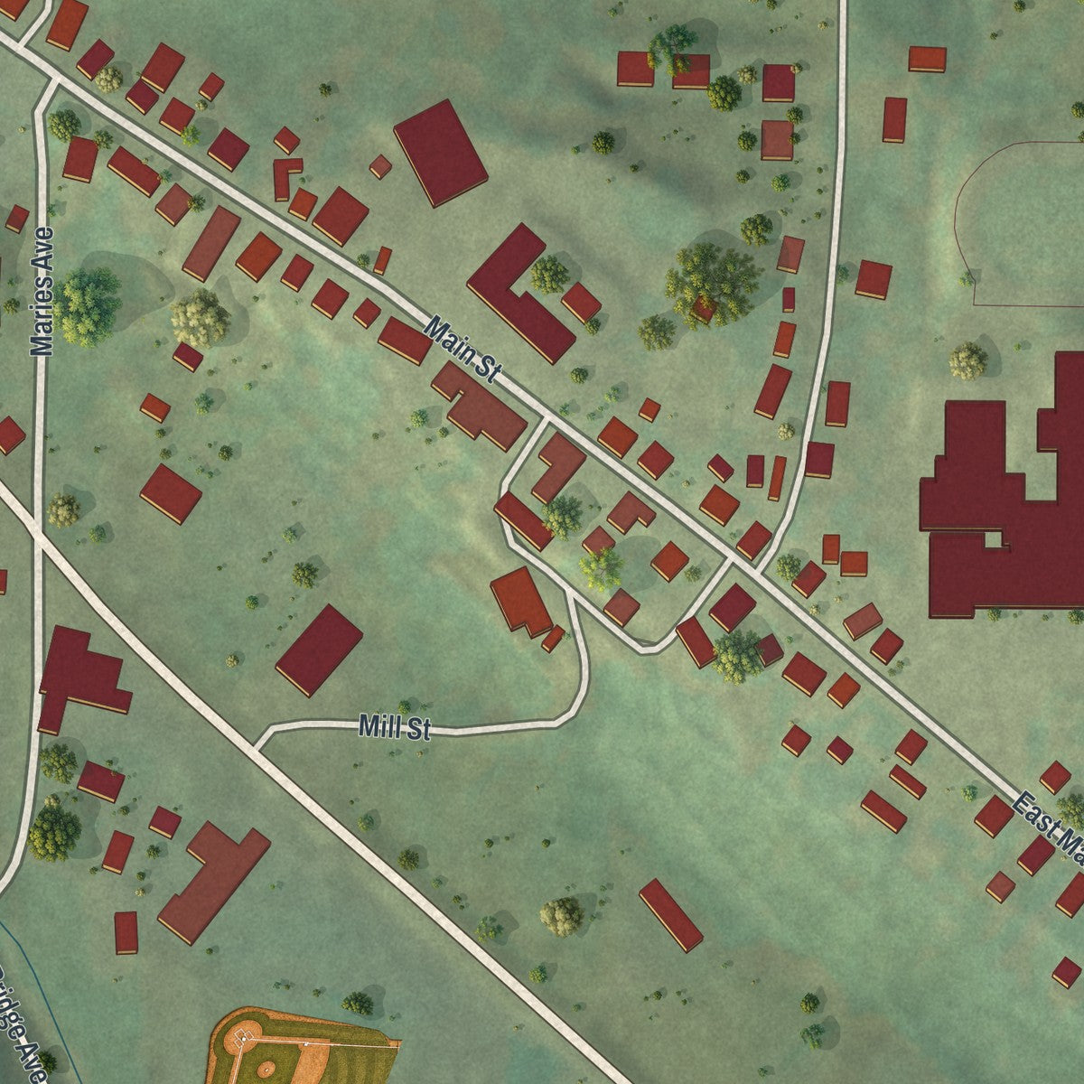 Close-up of the map of Westphalia, Missouri print showing street and building detail
