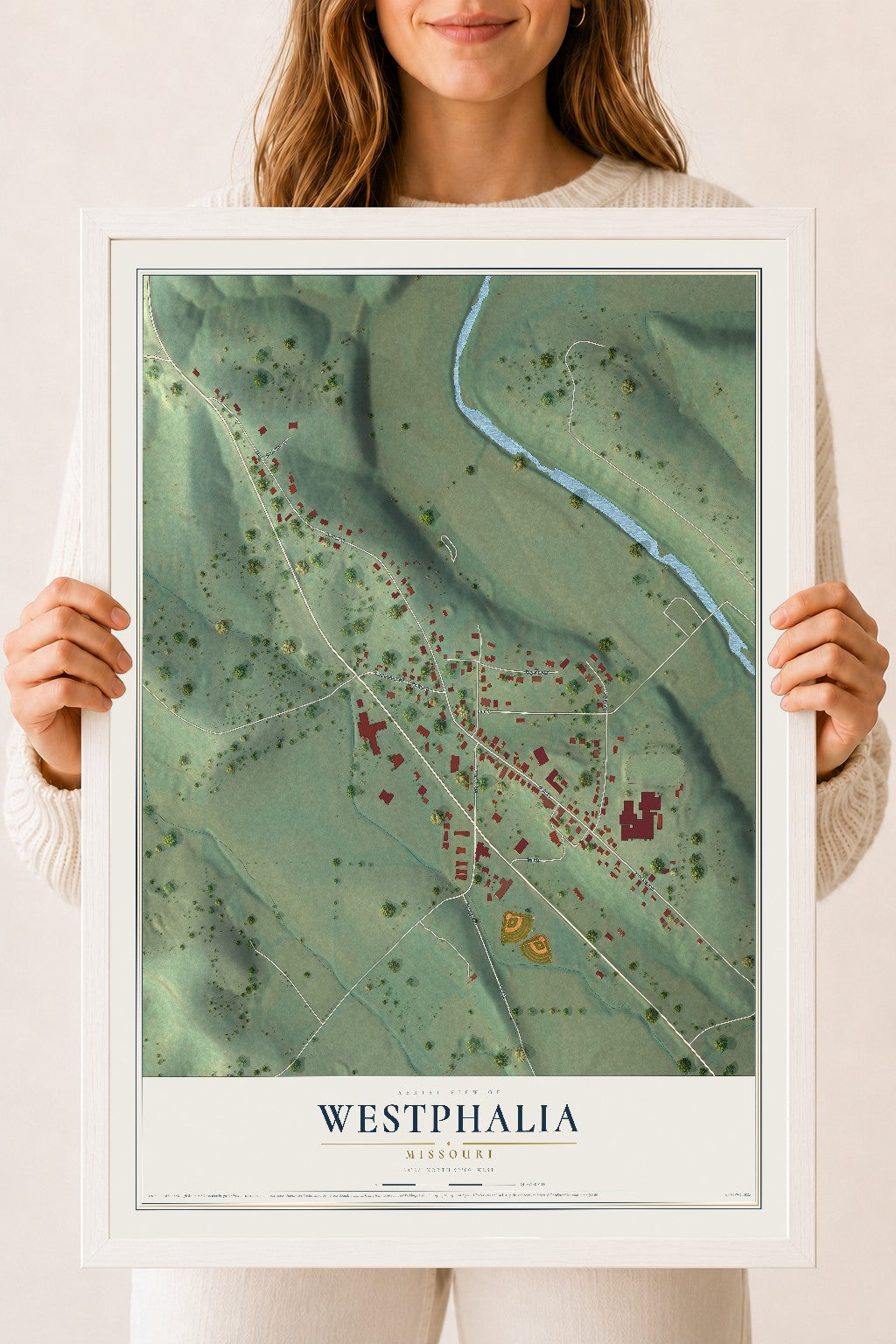 Map of Westphalia, Missouri, 18 x 24 inch print in a white wood frame