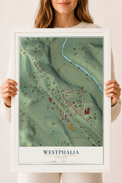 Map of Westphalia, Missouri, 18 x 24 inch print in a white wood frame