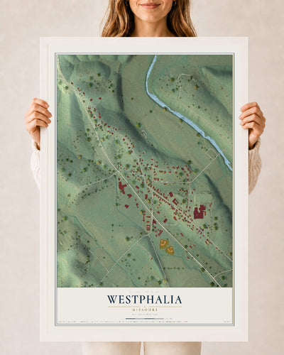Map of Westphalia, Missouri, 24 x 36 inch print in a white wood frame