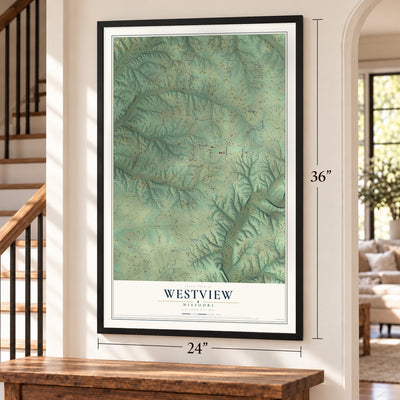 Westview, Missouri map, 24 x 36 inch print in a black frame by a staircase