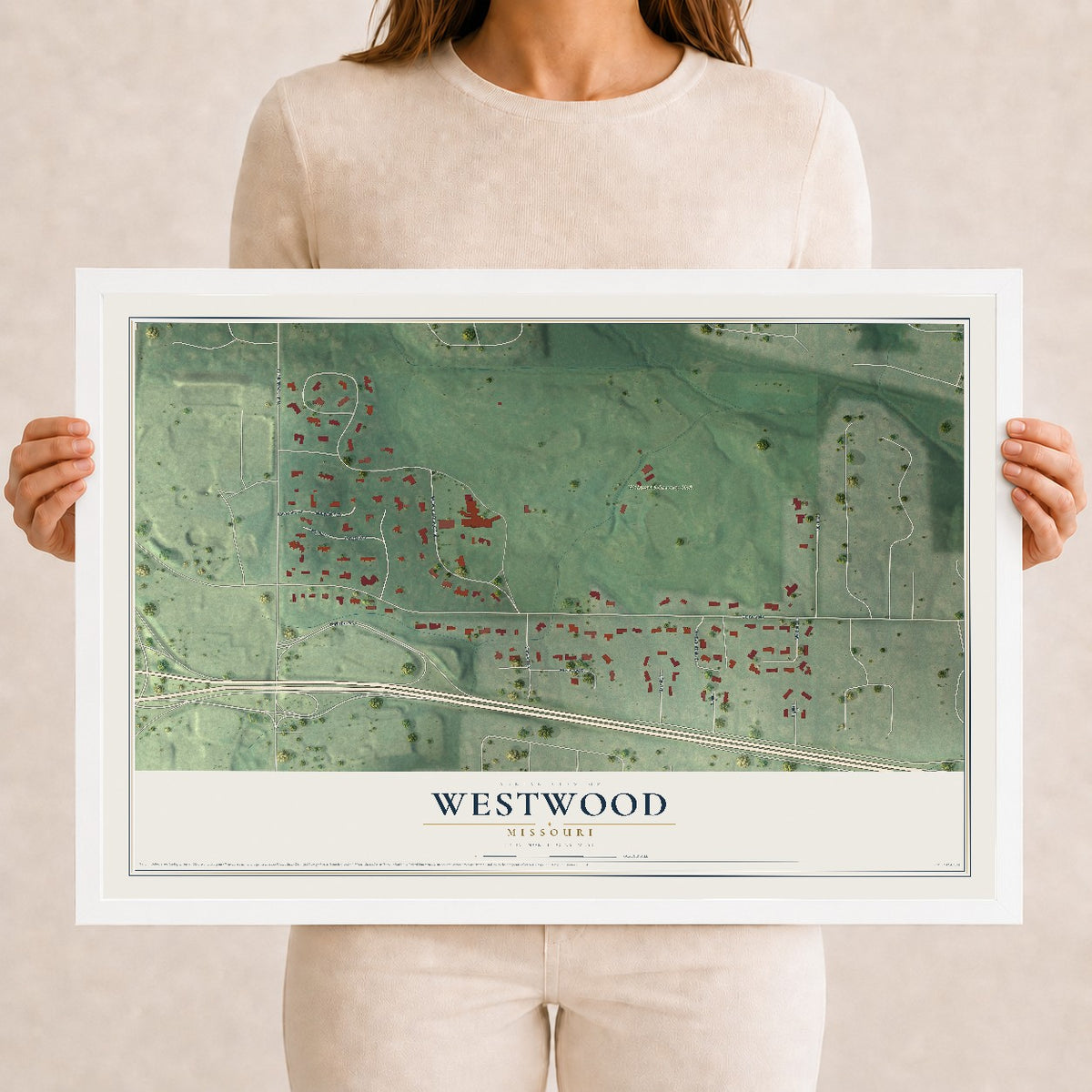 Map of Westwood, Missouri, 12 x 18 inch print in a white wood frame