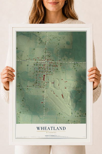 Map of Wheatland, Missouri, 18 x 24 inch print in a white wood frame