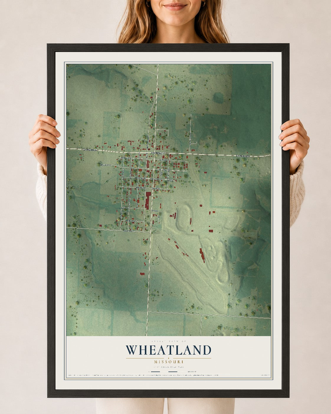 Map of Wheatland, Missouri, 24 x 36 inch print in a black wood frame