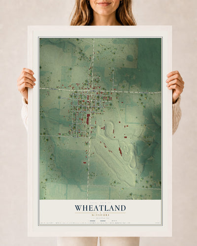Map of Wheatland, Missouri, 24 x 36 inch print in a white wood frame