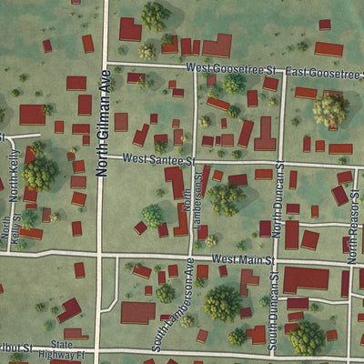 Close-up of the map of Wheaton, Missouri print showing street and building detail