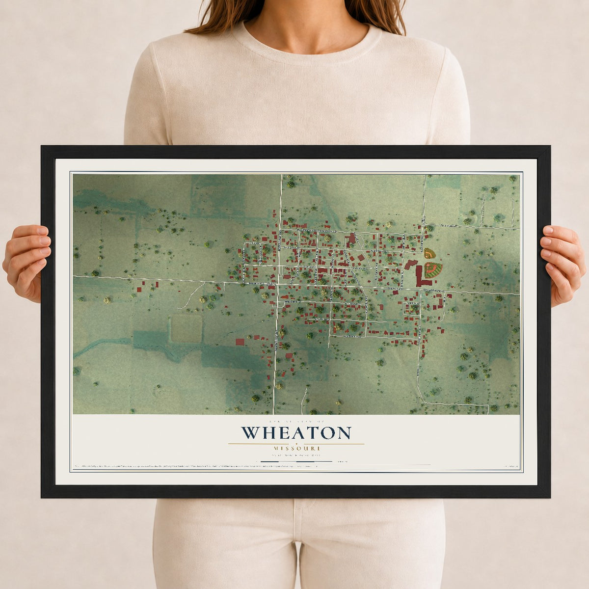 Map of Wheaton, Missouri, 12 x 18 inch print in a black wood frame