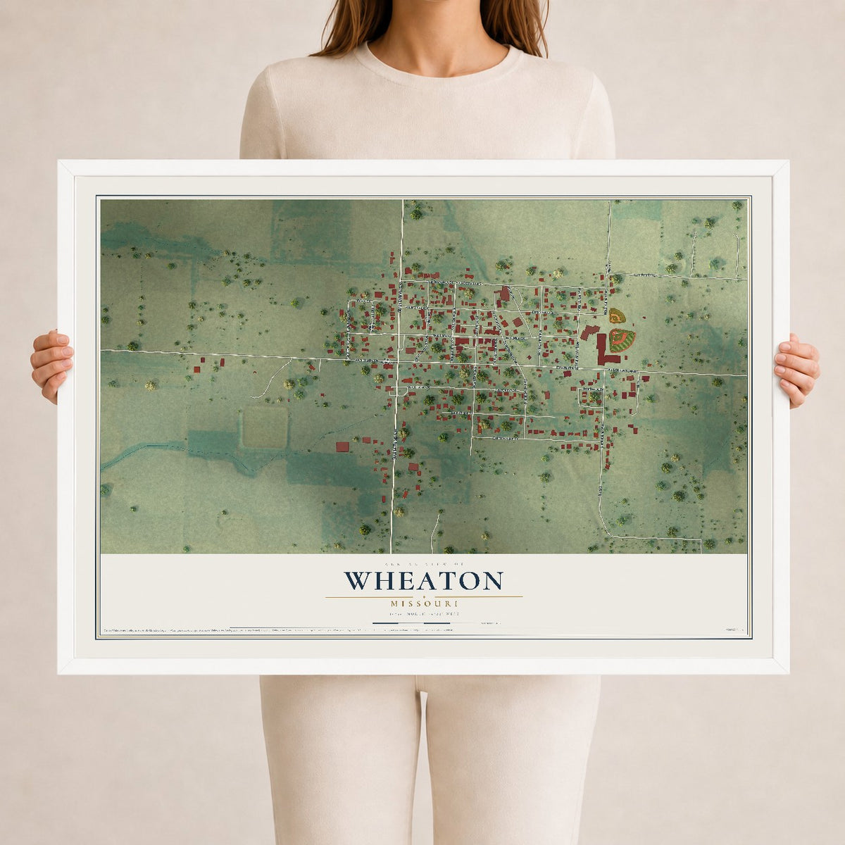 Map of Wheaton, Missouri, 24 x 36 inch print in a white wood frame