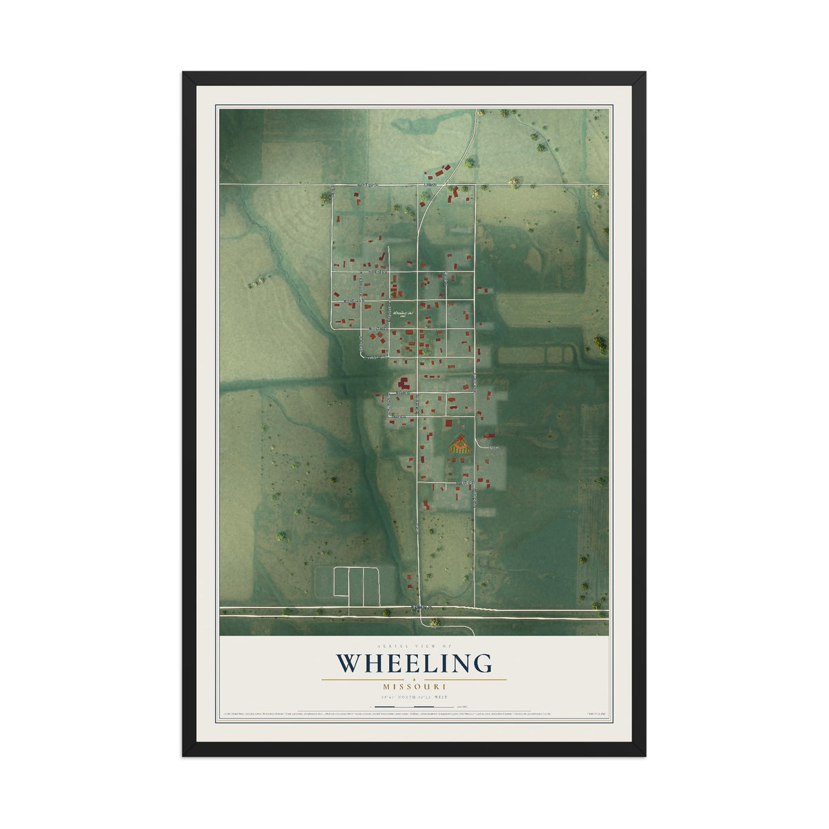 Map of Wheeling, Missouri, 12 x 18 inch print in a black wood frame