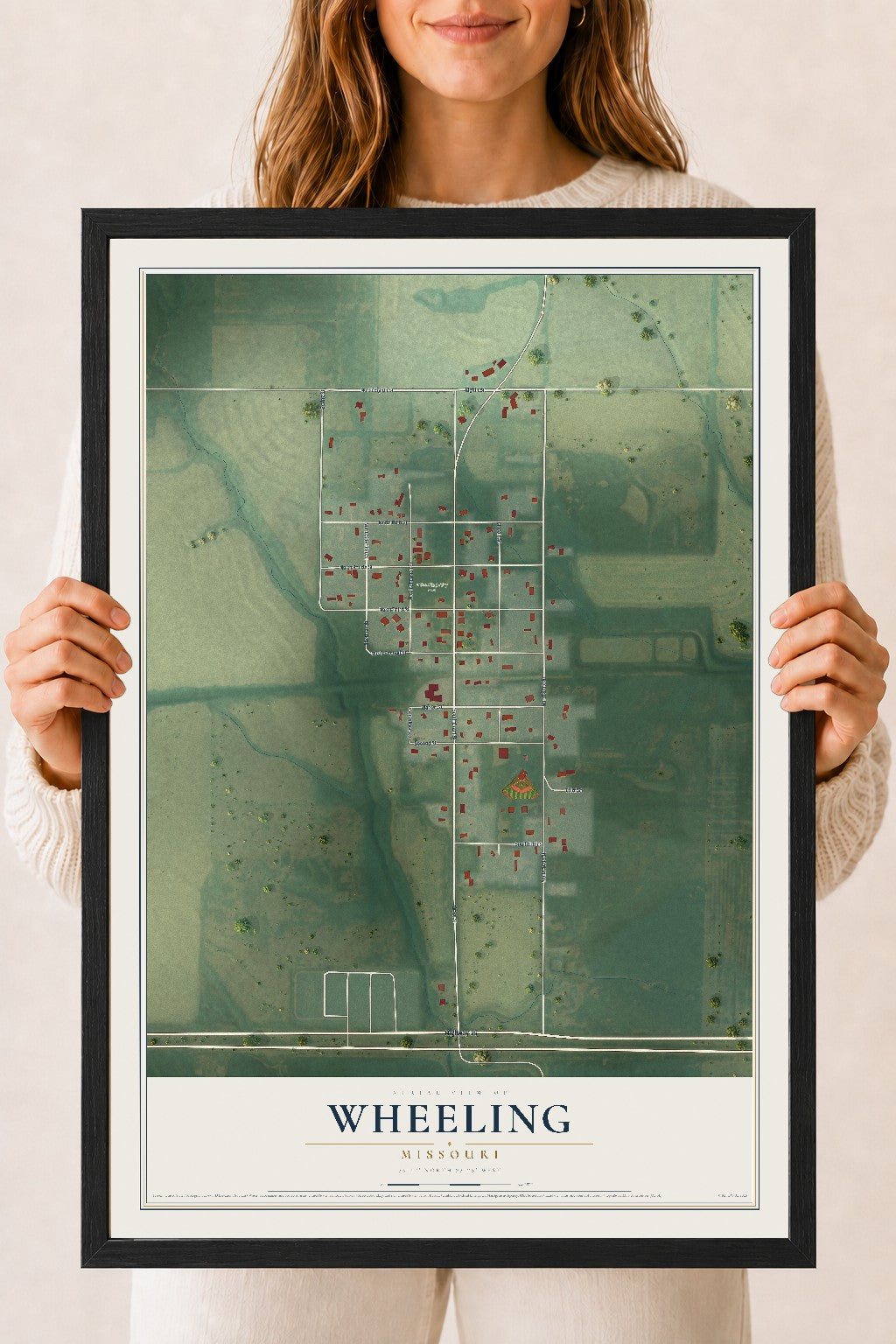Map of Wheeling, Missouri, 18 x 24 inch print in a black wood frame