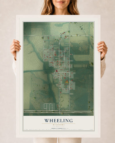 Map of Wheeling, Missouri, 24 x 36 inch print in a white wood frame