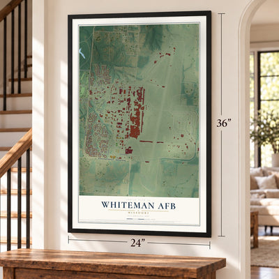 Whiteman AFB, Missouri map, 24 x 36 inch print in a black frame by a staircase