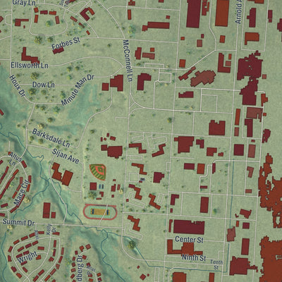 Close-up of the map of Whiteman AFB, Missouri print showing street and building detail