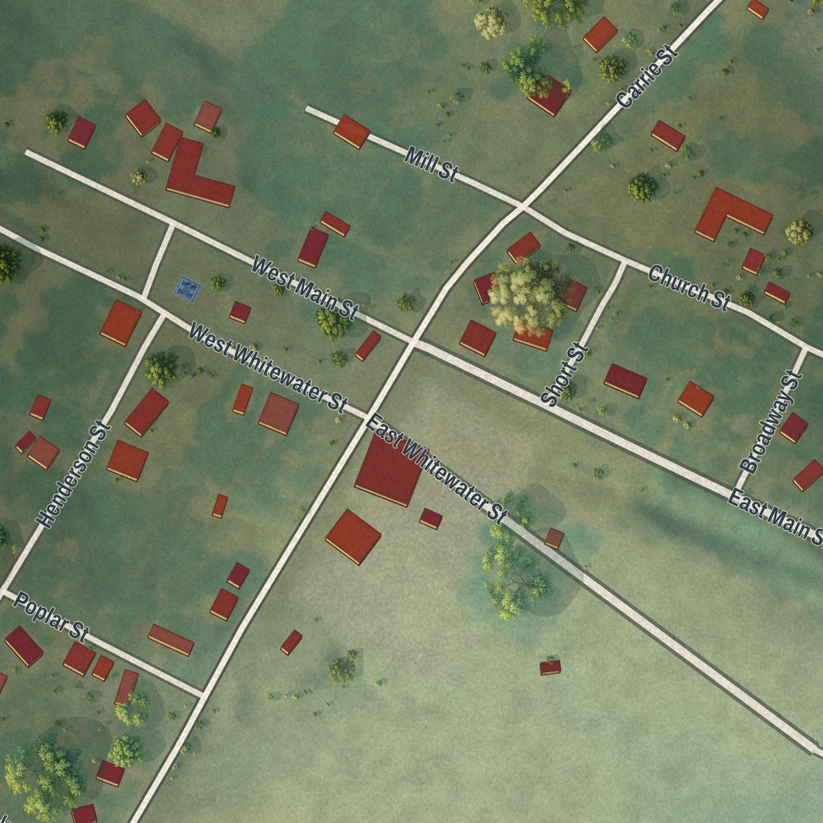 Close-up of the map of Whitewater, Missouri print showing street and building detail