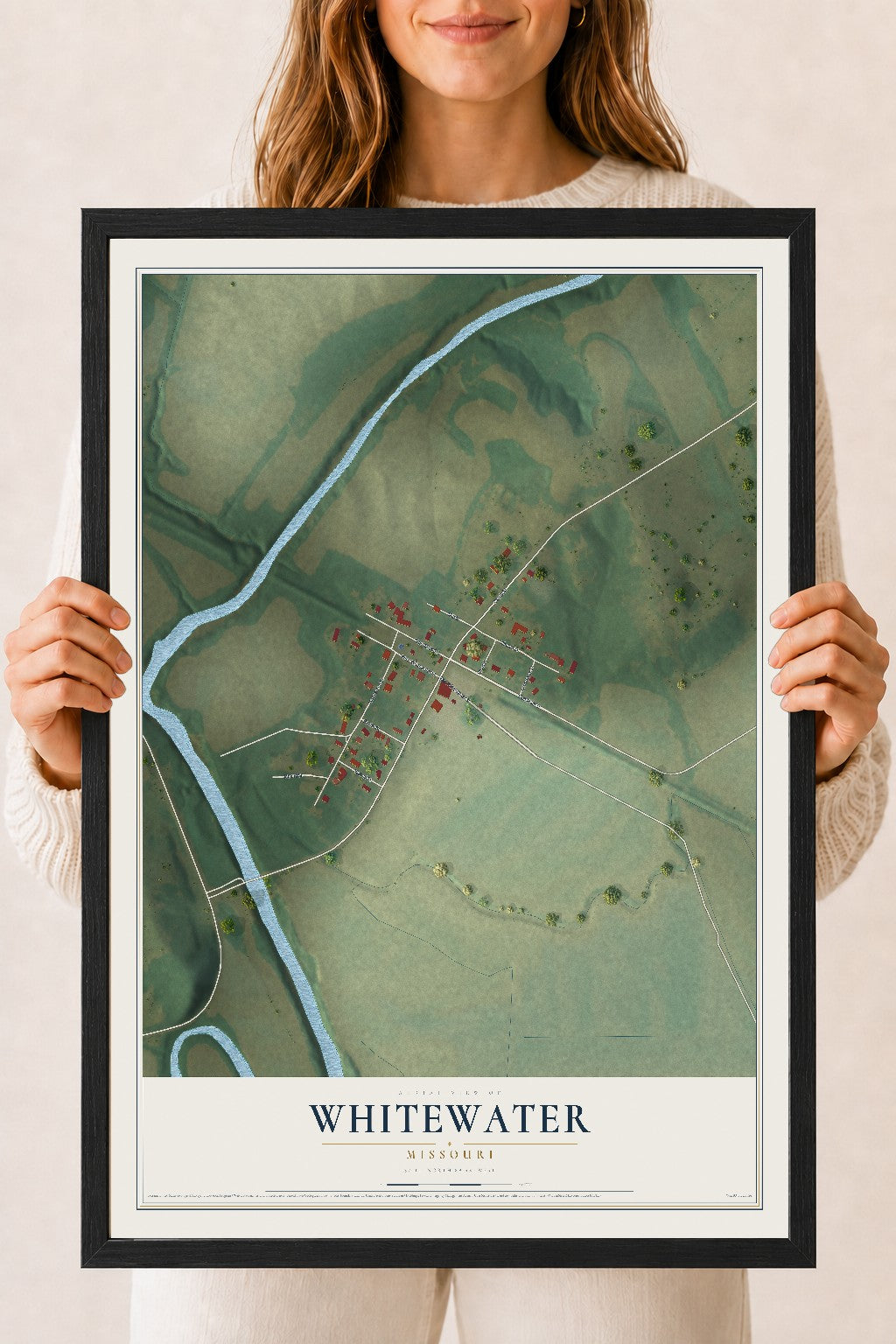Map of Whitewater, Missouri, 18 x 24 inch print in a black wood frame