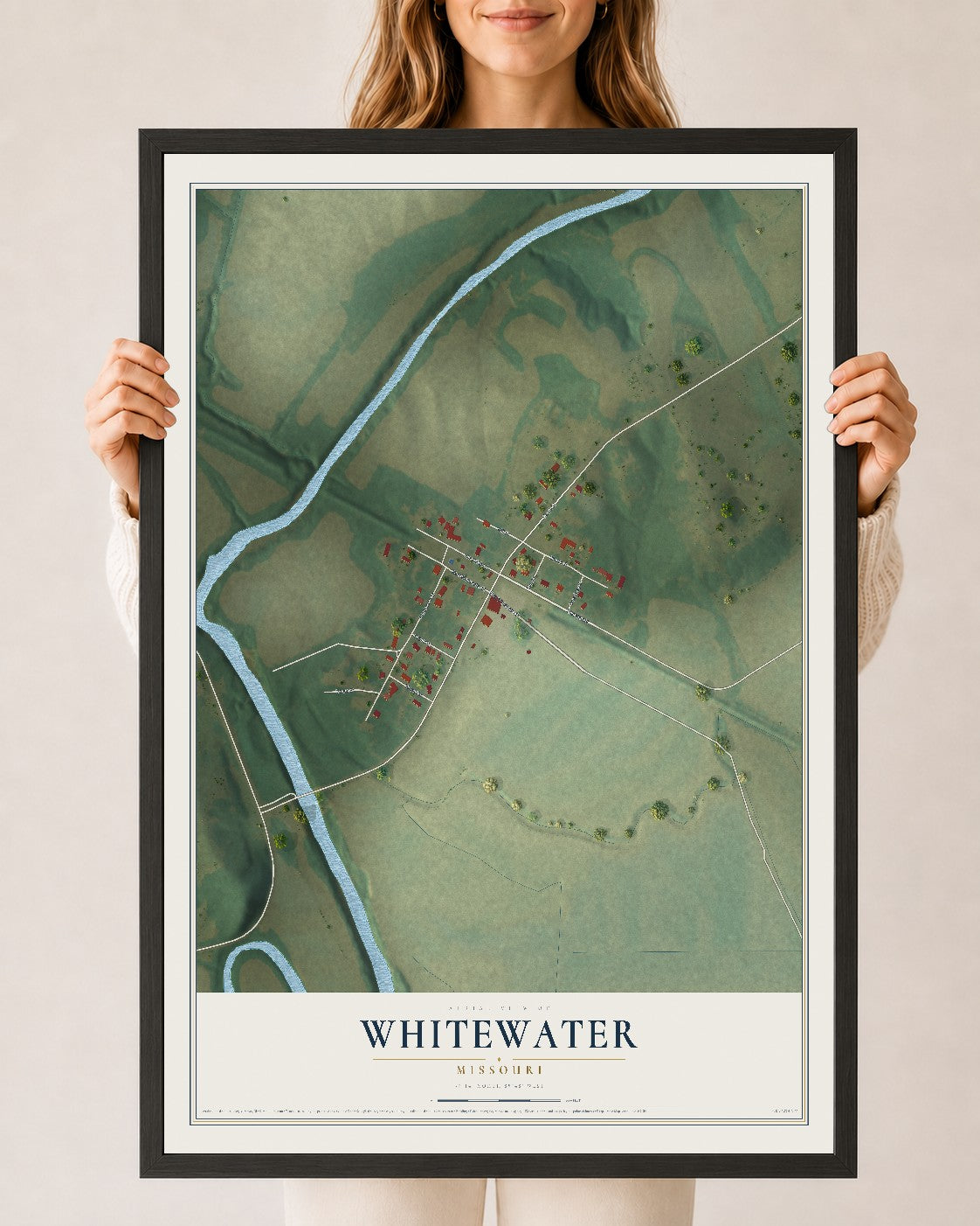 Map of Whitewater, Missouri, 24 x 36 inch print in a black wood frame