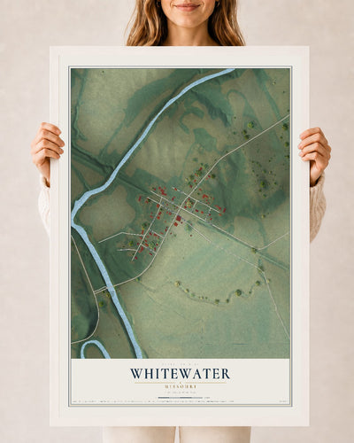 Map of Whitewater, Missouri, 24 x 36 inch print in a white wood frame