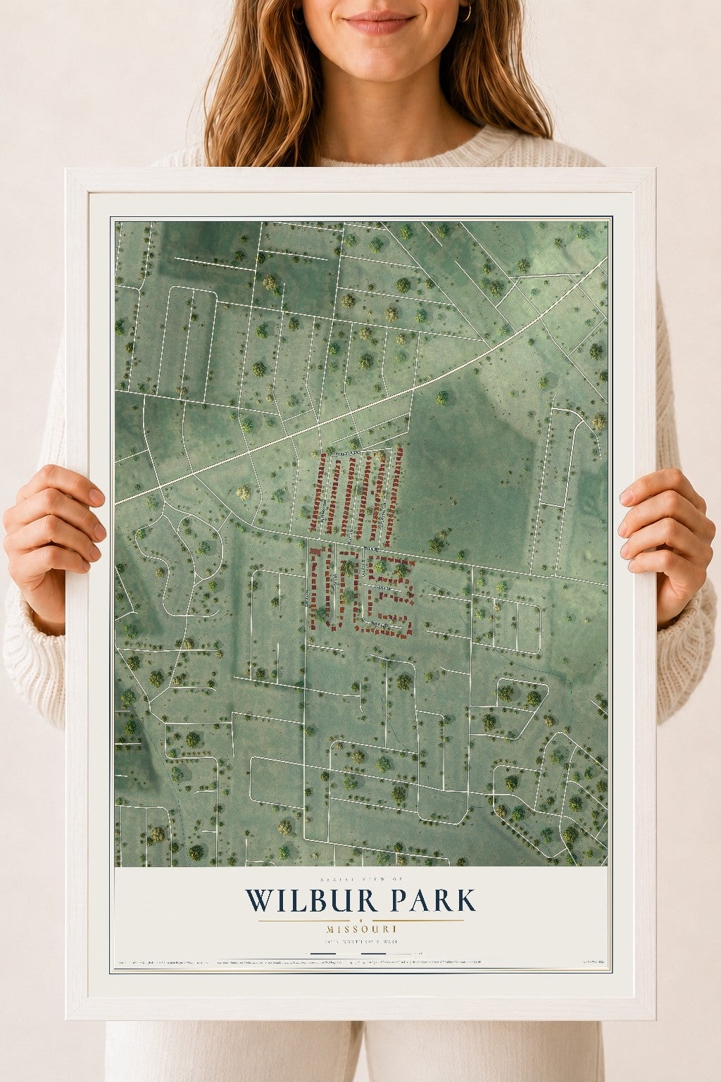Map of Wilbur Park, Missouri, 18 x 24 inch print in a white wood frame