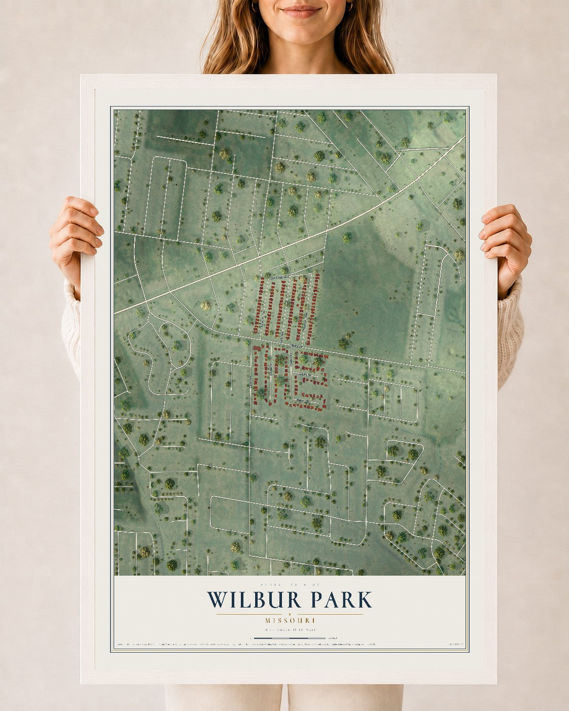Map of Wilbur Park, Missouri, 24 x 36 inch print in a white wood frame