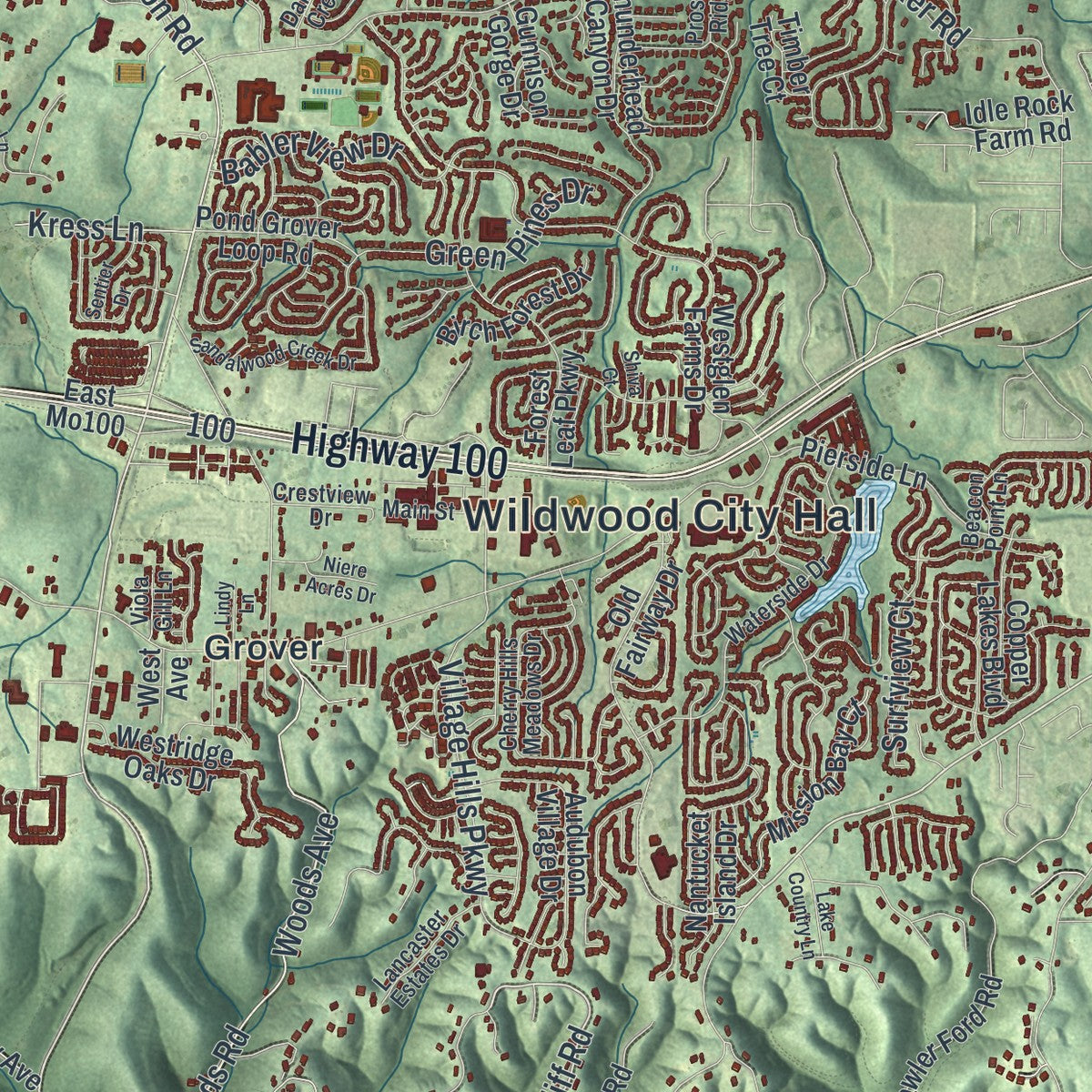 Close-up of the map of Wildwood, Missouri print showing street and building detail