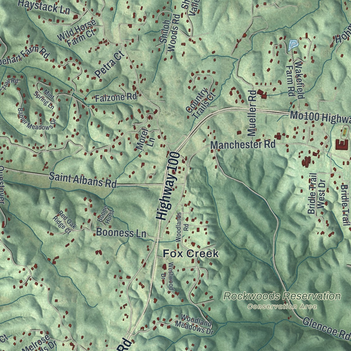 Second close-up of the map of Wildwood, Missouri print showing more streets and buildings
