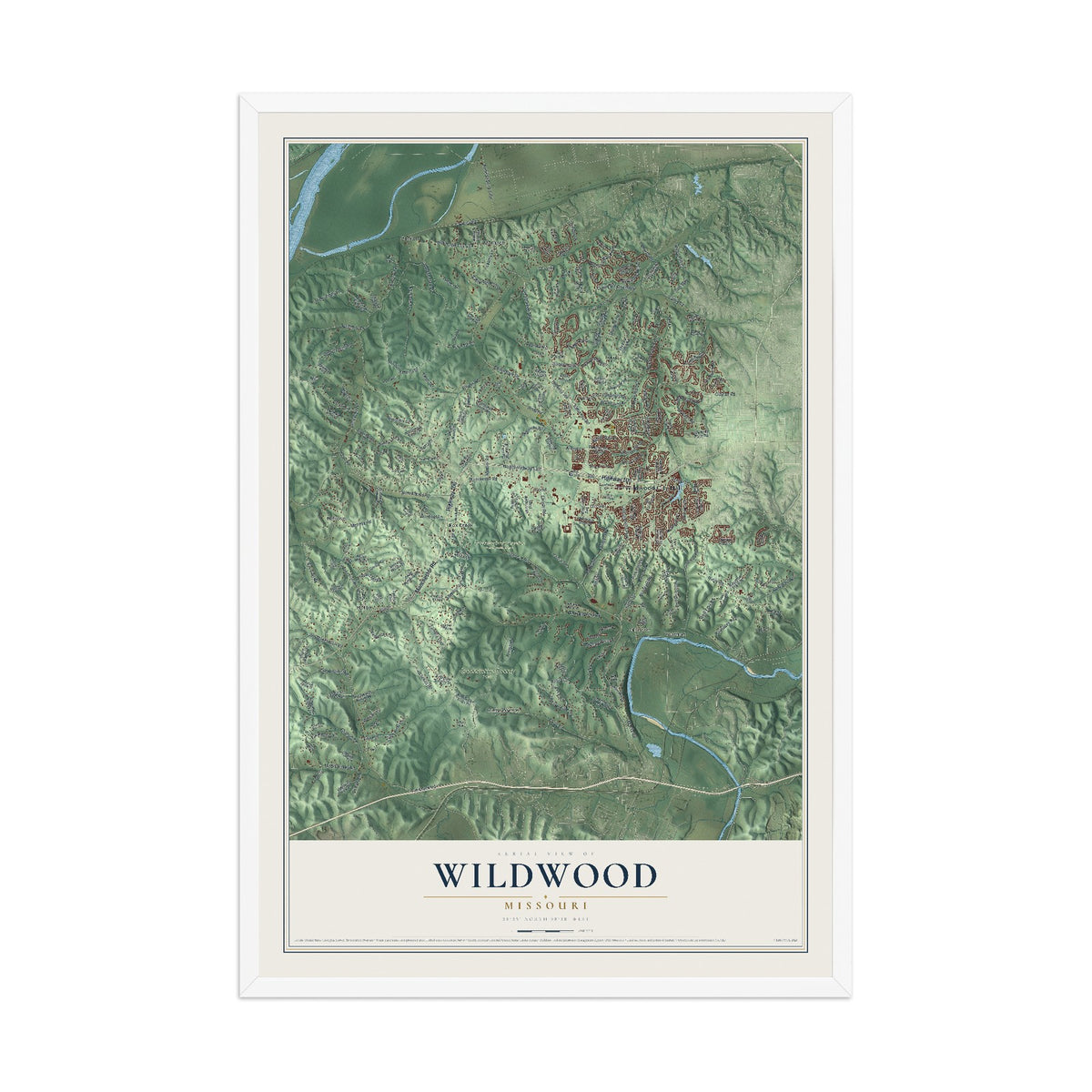 Map of Wildwood, Missouri, 12 x 18 inch print in a white wood frame