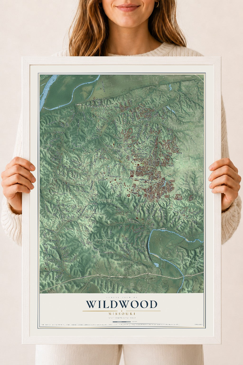 Map of Wildwood, Missouri, 18 x 24 inch print in a white wood frame