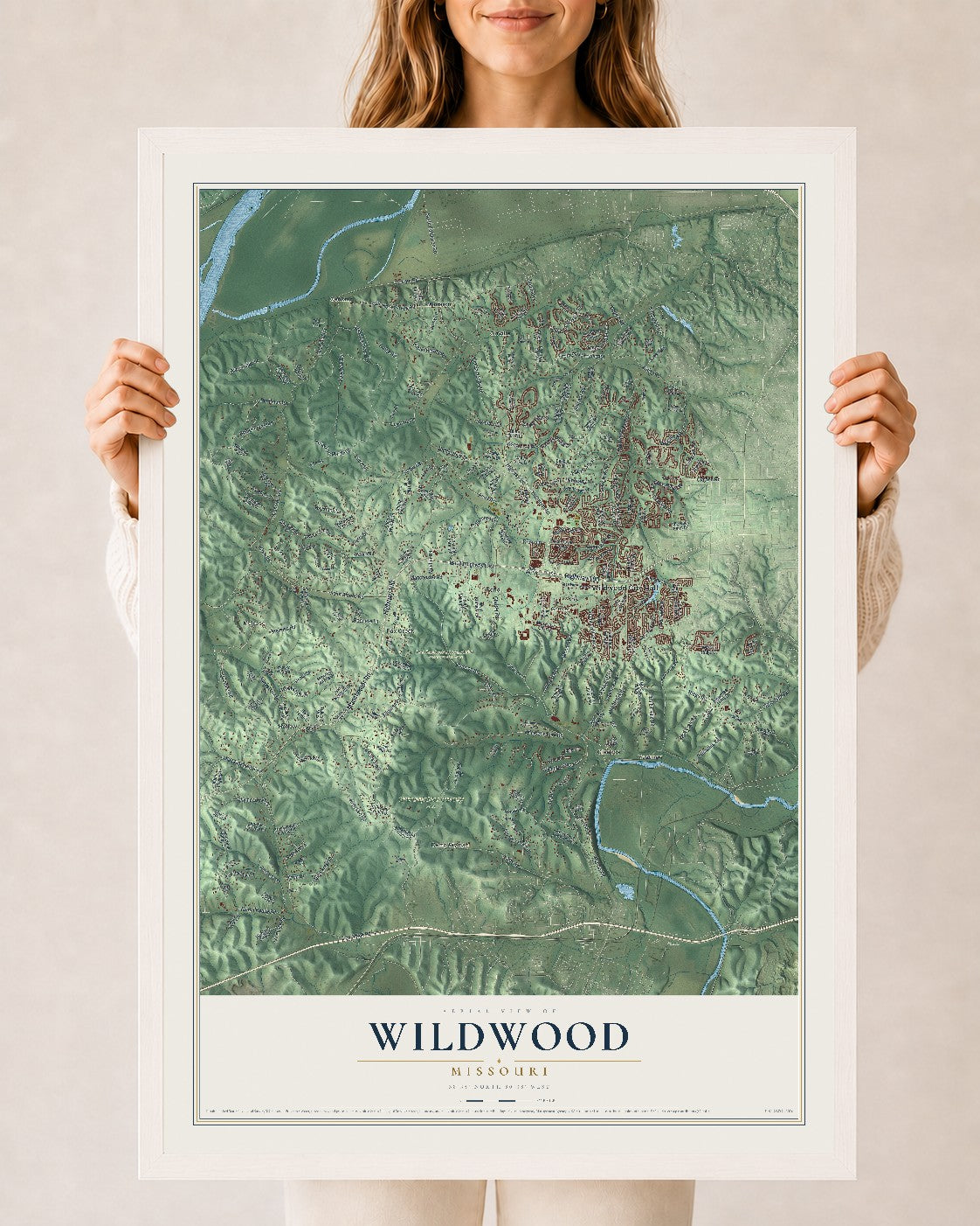 Map of Wildwood, Missouri, 24 x 36 inch print in a white wood frame