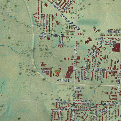 Close-up of the map of Willard, Missouri print showing street and building detail